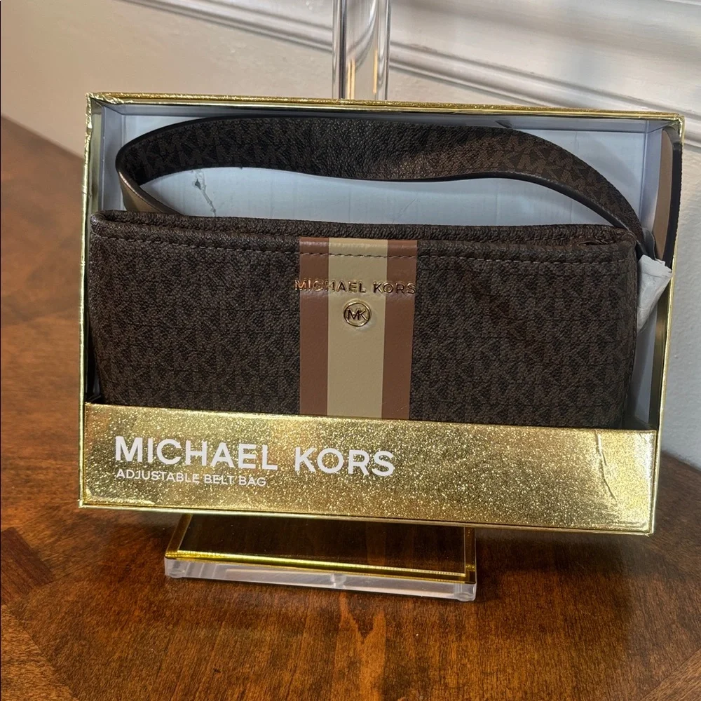 Michael Kors Monogram Crossbody Bag Brown Stripe Adjustable Belt Bag MK Signatu